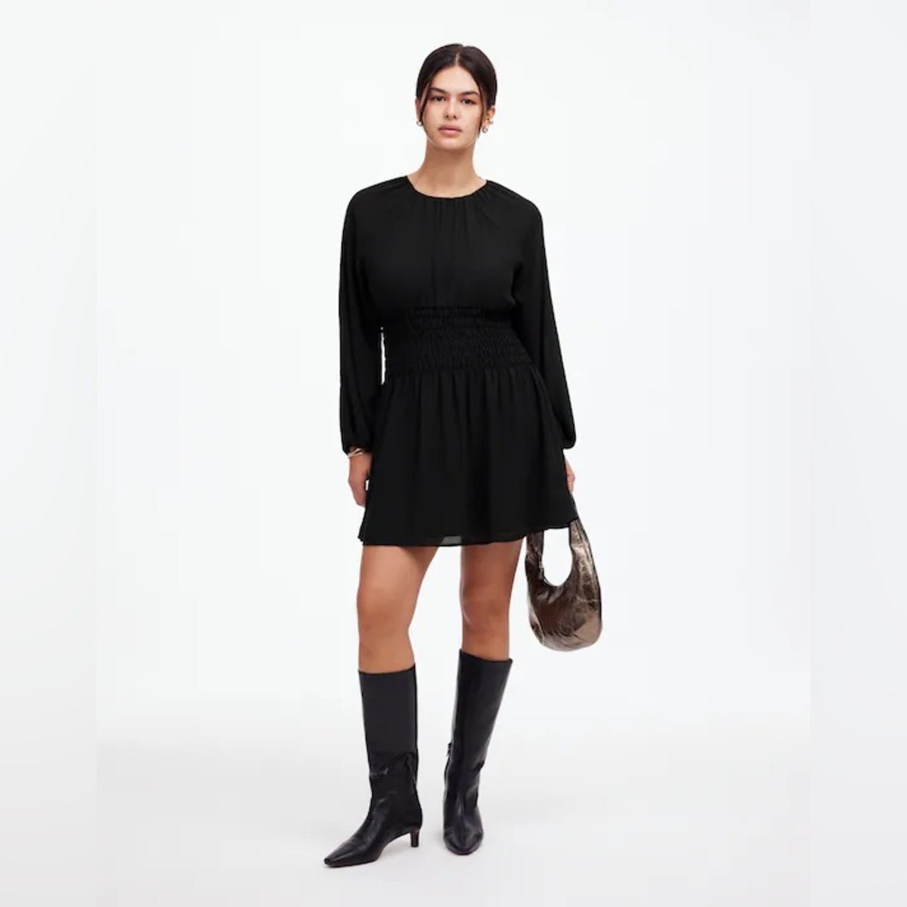Madewell Bubble Sleeve Smocked Mini Dress True Black - Small